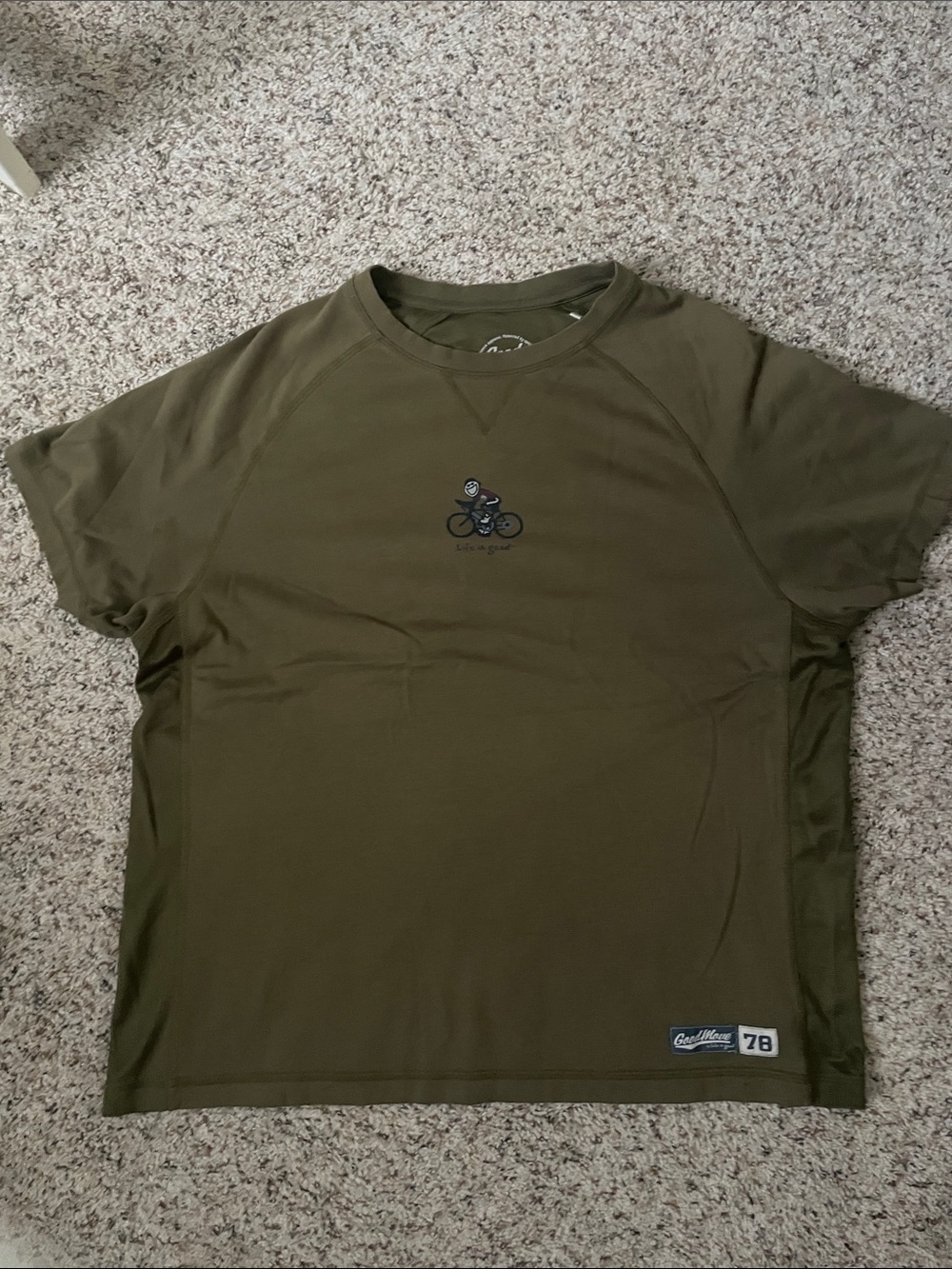 Life Is Good Olive Green Short Sleeve Crew Tee with Cyclist Graphic